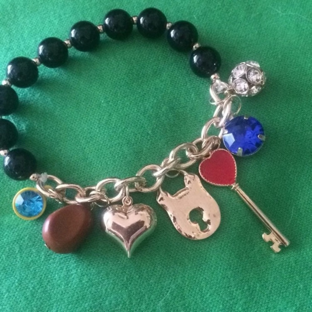 Skeleton Key & Padlock Rhinestone Black and Gold Charm Bracelet